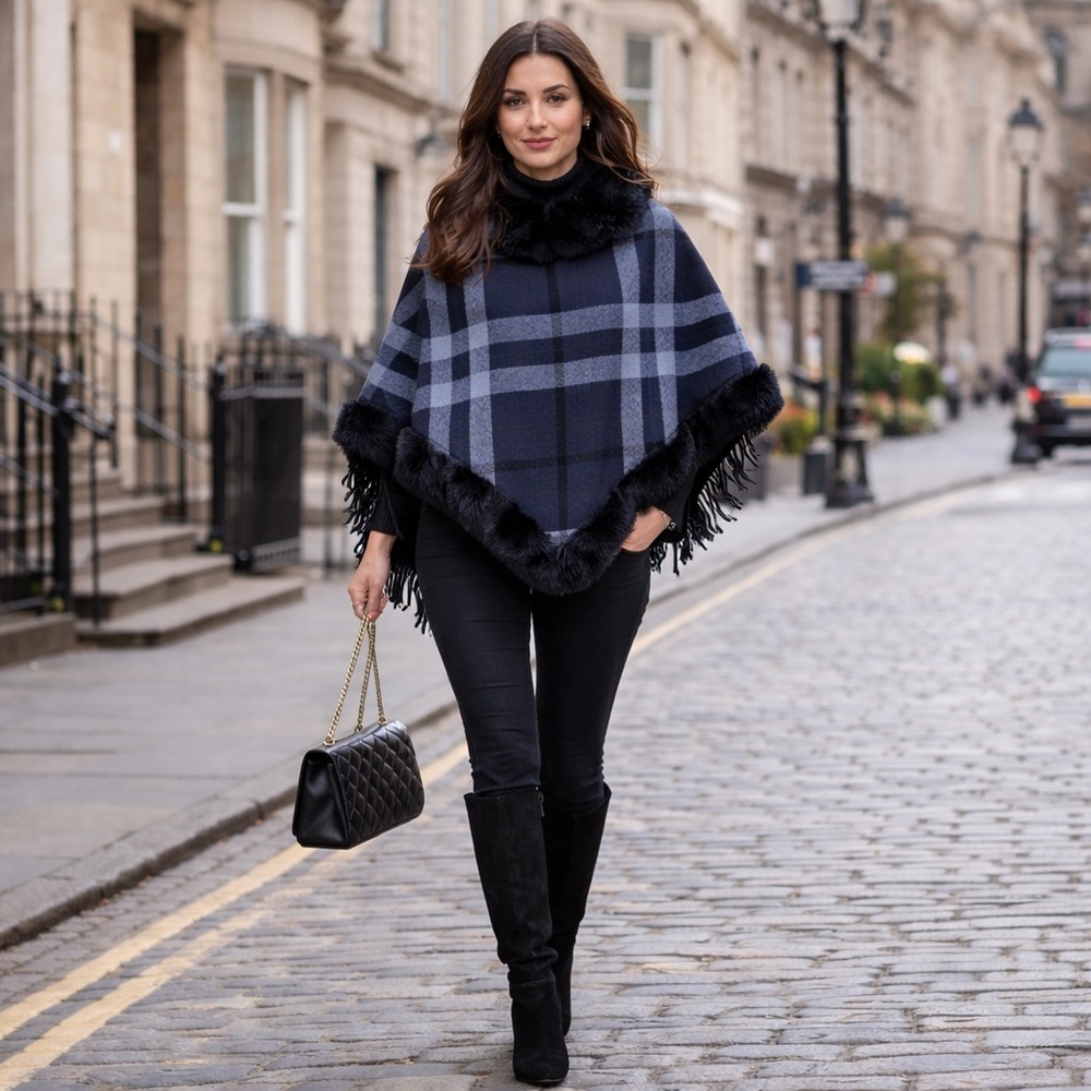 NWT AZ Black Plaid Faux Fur Trim Poncho with Fringe | Size: OS